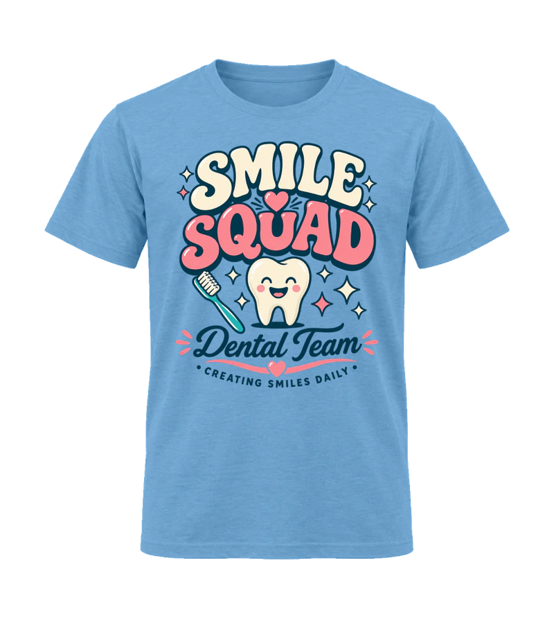 front view of Smile Squad on Carolina Blue Gildan 64000 Softstyle Shirt