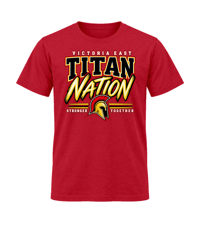 front view of Victoria East Titan Nation on Red Gildan 64000 Softstyle Shirt