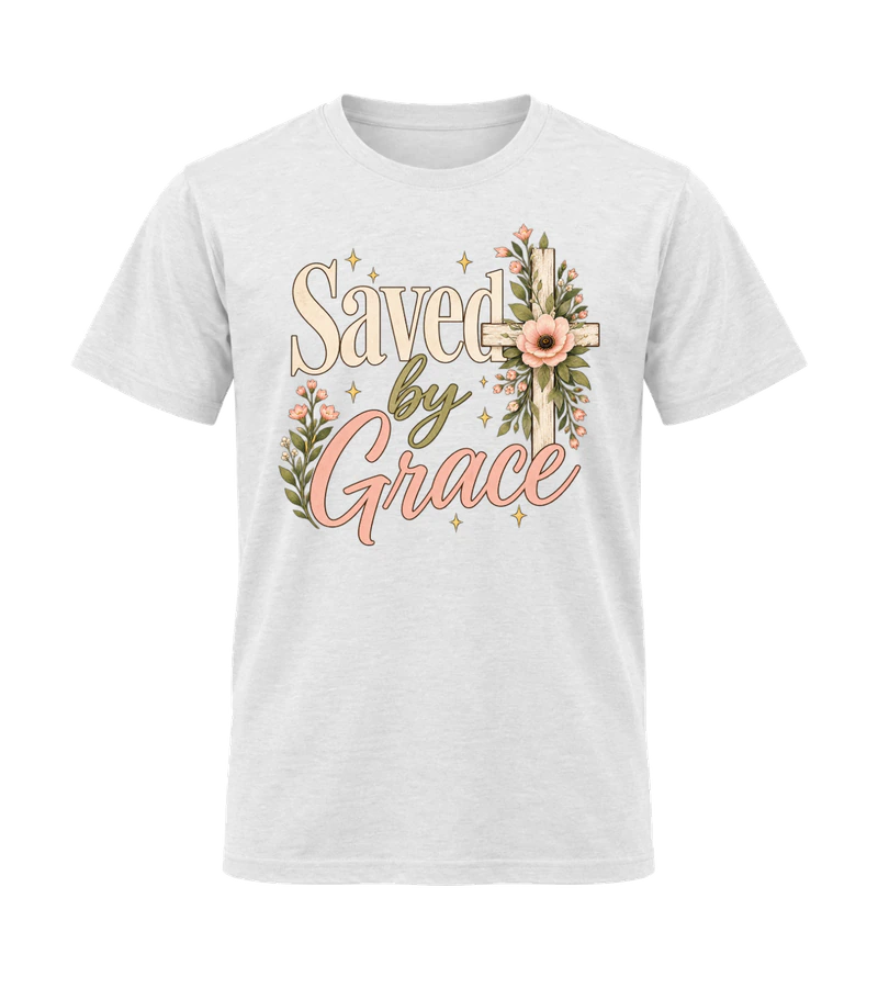 front view of Saved by Grace on White Gildan 64000 Softstyle Shirt