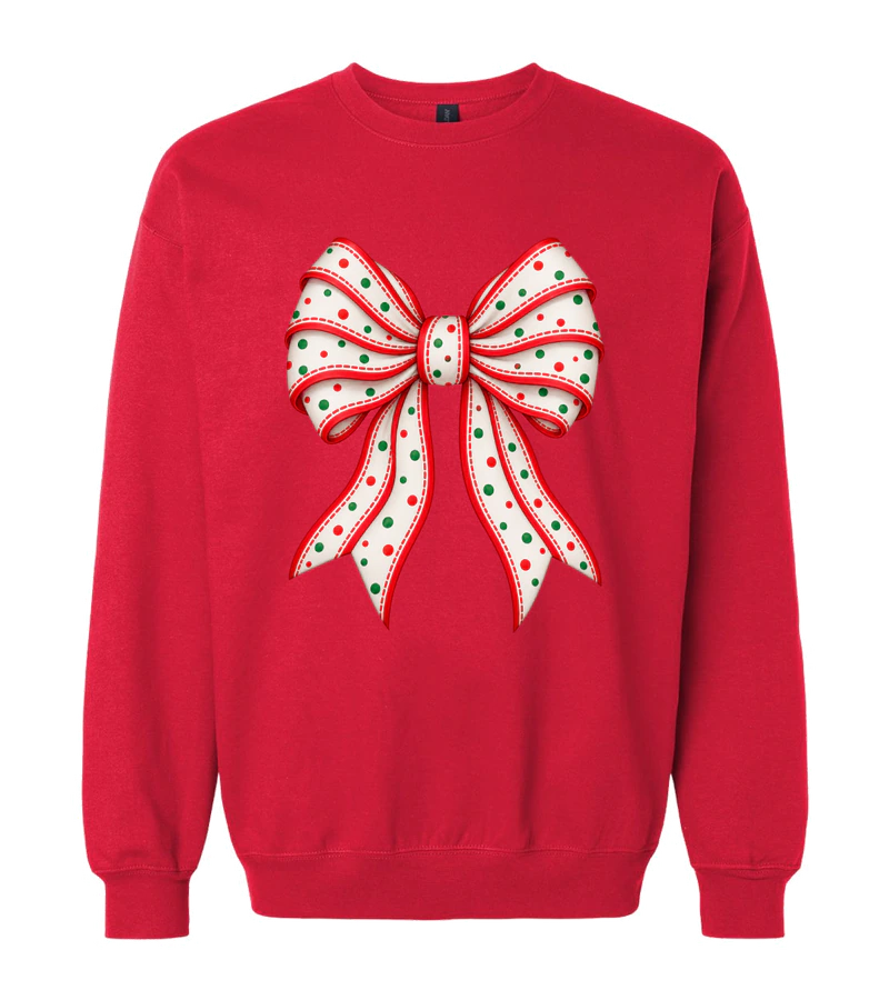 front view of Christmas Ribbon on Red Gildan SF000 Softstyle Midweight Crewneck Sweatshirt