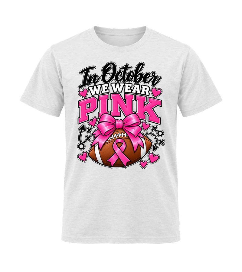 front view of In October We Wear Pink on White Gildan 64000 Softstyle Shirt