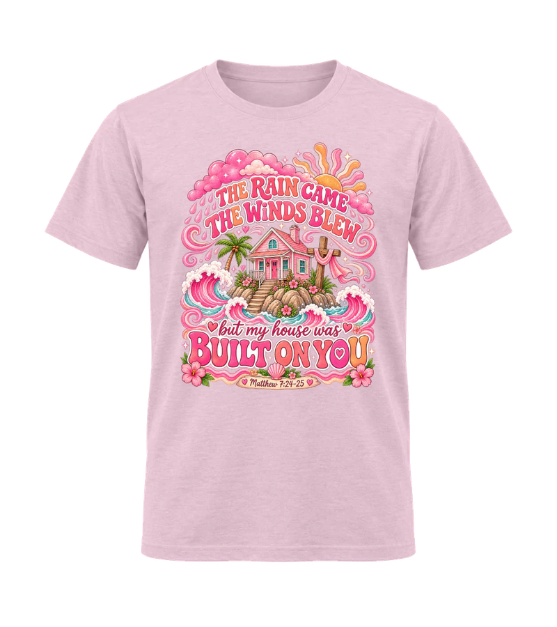 front view of The Rain Came The Winds Blew on Light Pink Gildan 64000 Softstyle Shirt