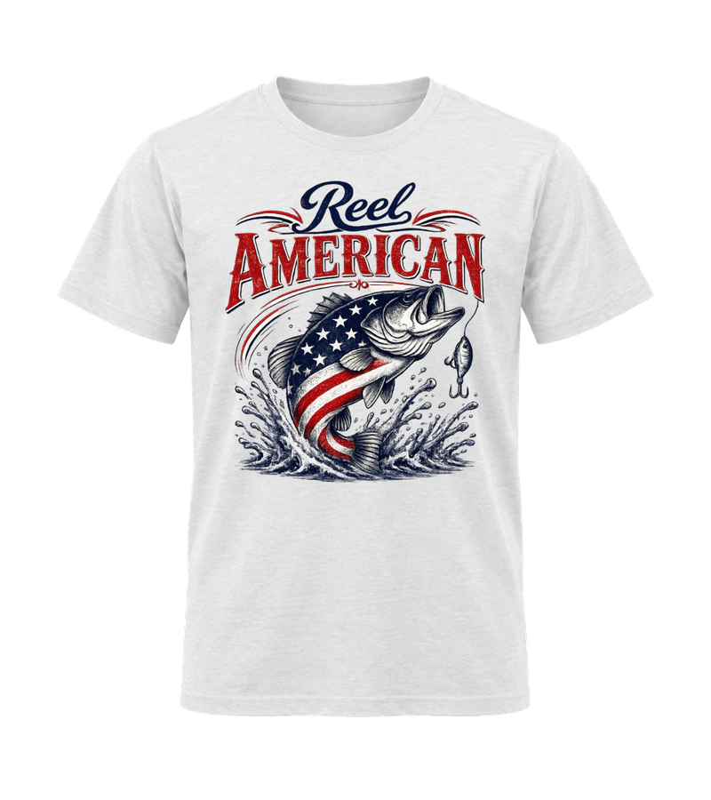 front view of Reel American on White Gildan 64000 Softstyle Shirt