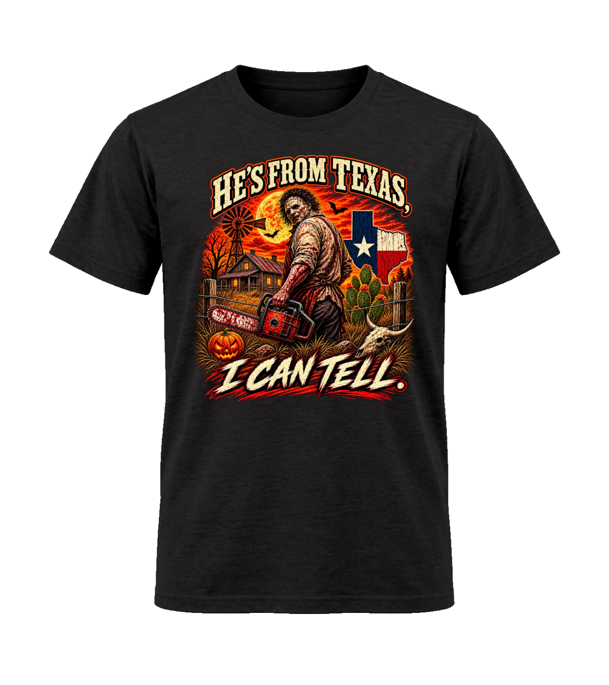 front preview of He's From Texas I Can Tell on Black T-shirt