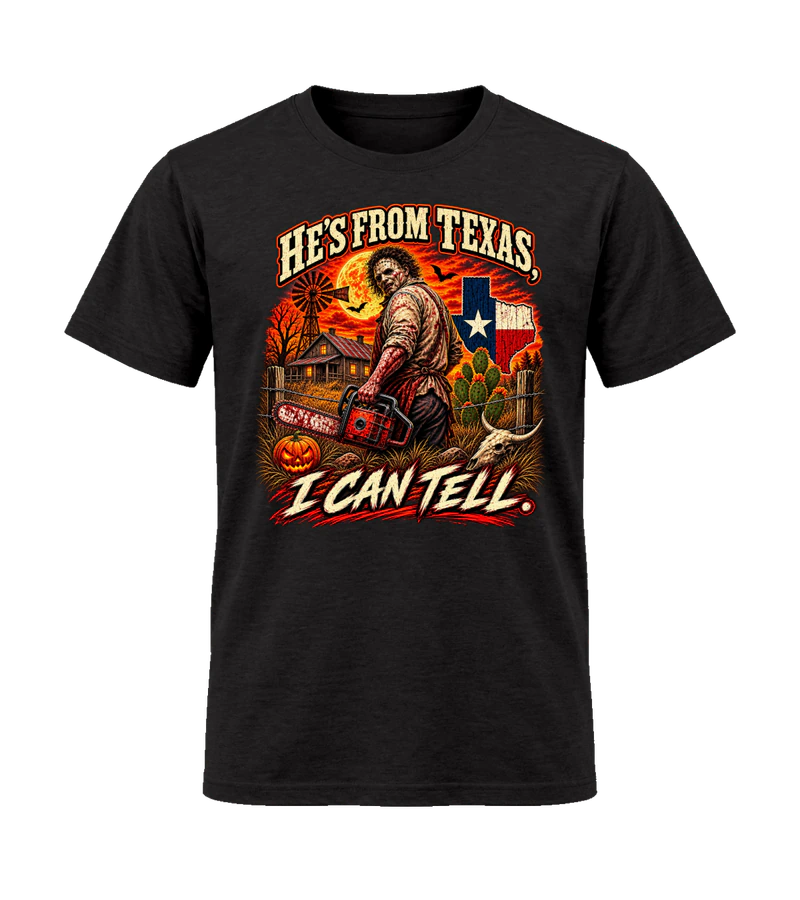 front view of He's From Texas I Can Tell on Black Gildan 64000 Softstyle Shirt