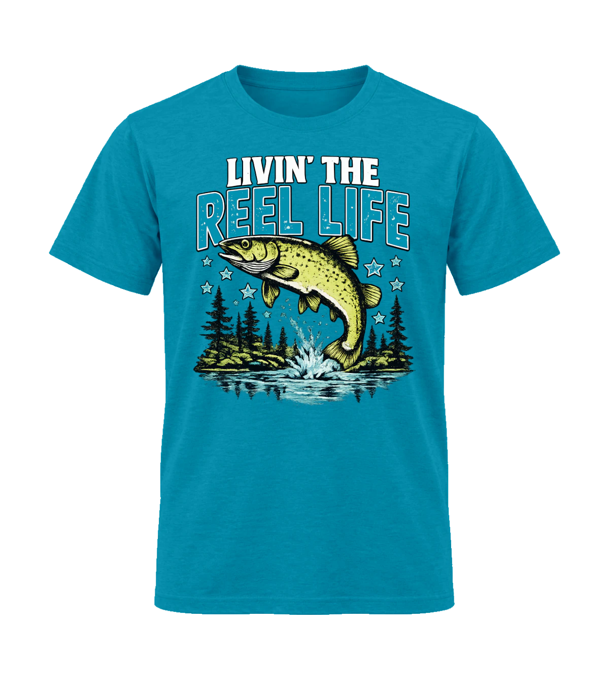 front preview of Livin The Reel Life on Tropical Blue T-shirt