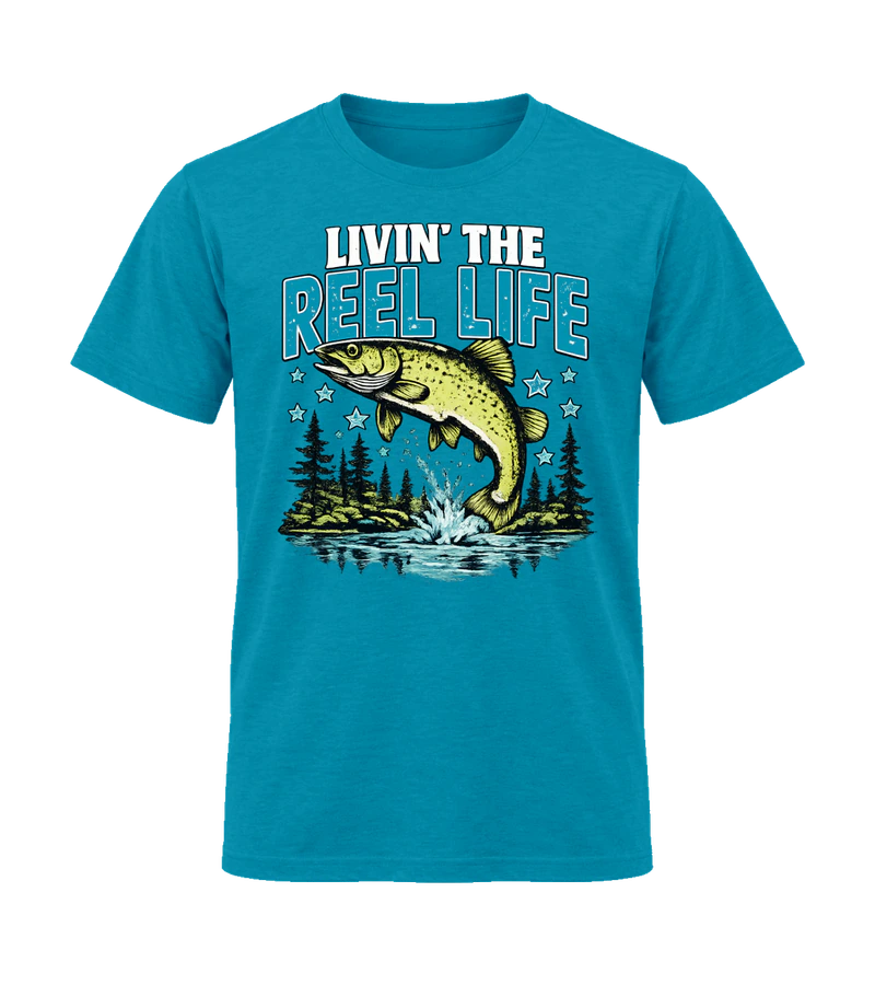 front view of Livin The Reel Life on Tropical Blue Gildan 64000 Softstyle Shirt