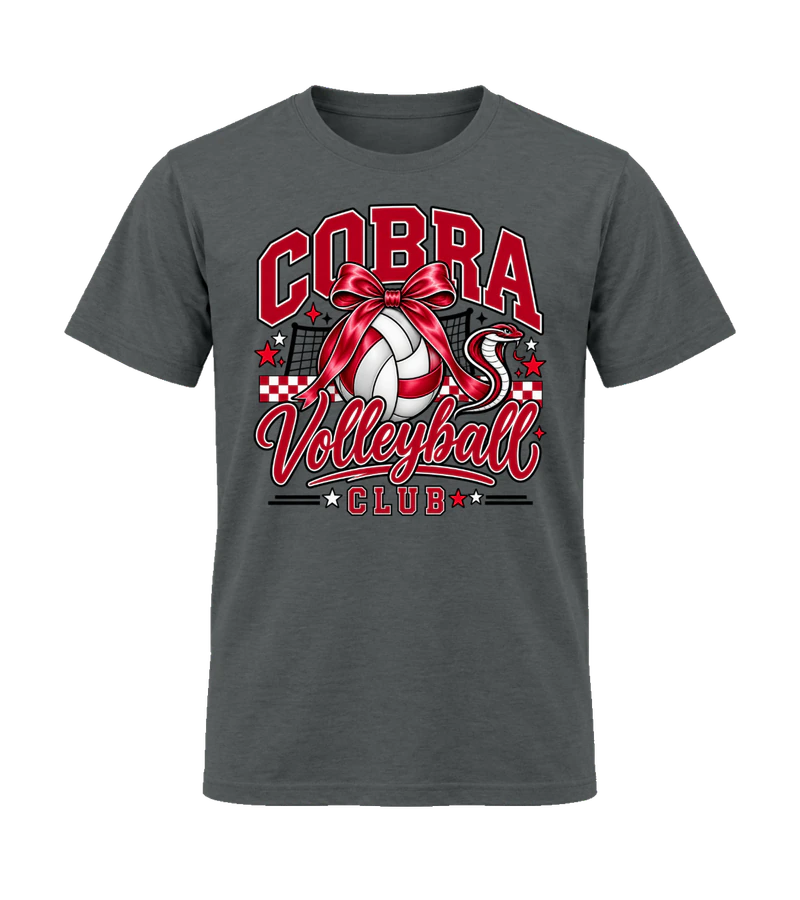 front view of Cobra Volleyball Club 2 on Charcoal Gildan 64000 Softstyle Shirt