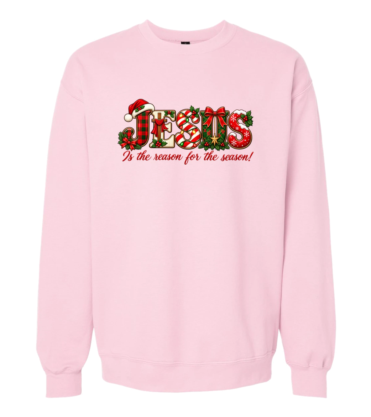 front preview of Jesus Is The Reason For The Season on Light Pink Crewneck sweatshirt
