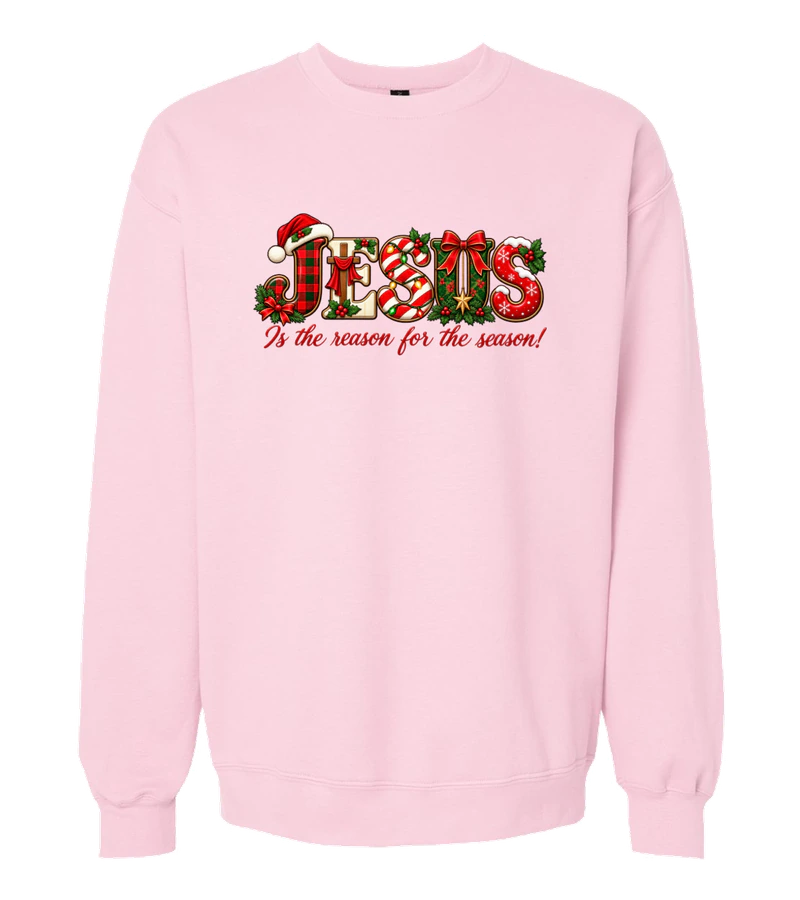 front view of Jesus Is The Reason For The Season on Light Pink Gildan SF000 Softstyle Midweight Crewneck Sweatshirt