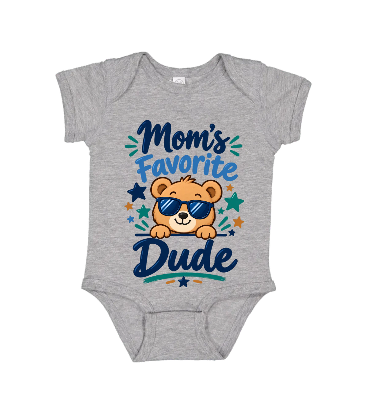 front preview of Moms Favorite Dude Onesie on Heather Infant bodysuit