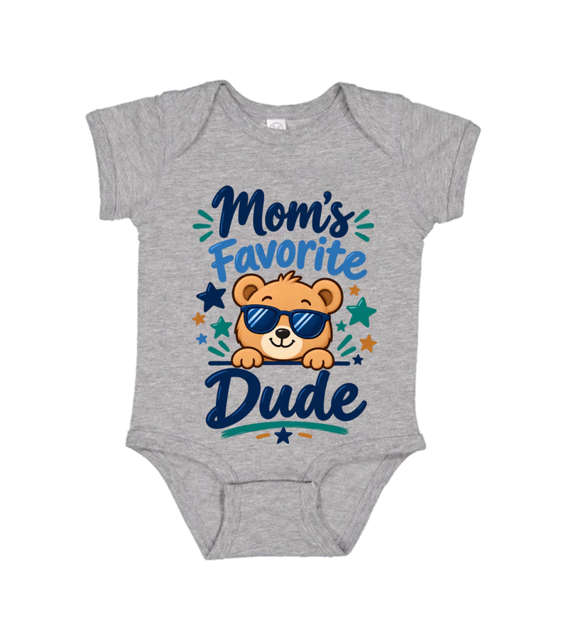 front view of Moms Favorite Dude Onesie on Heather Rabbit Skins 4424 Infant Fine Jersey Bodysuit