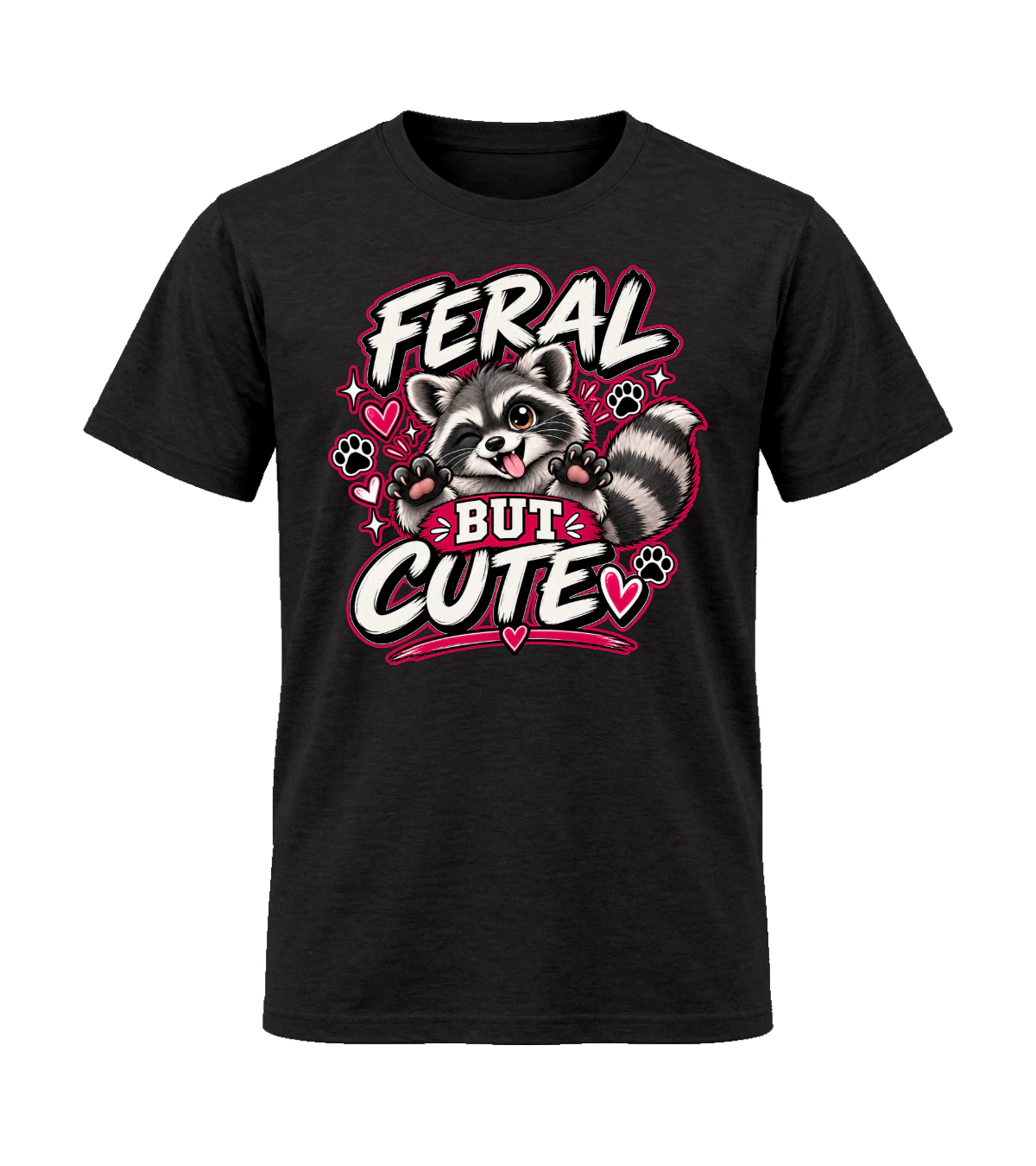 front preview of Feral But Cute on Black T-shirt