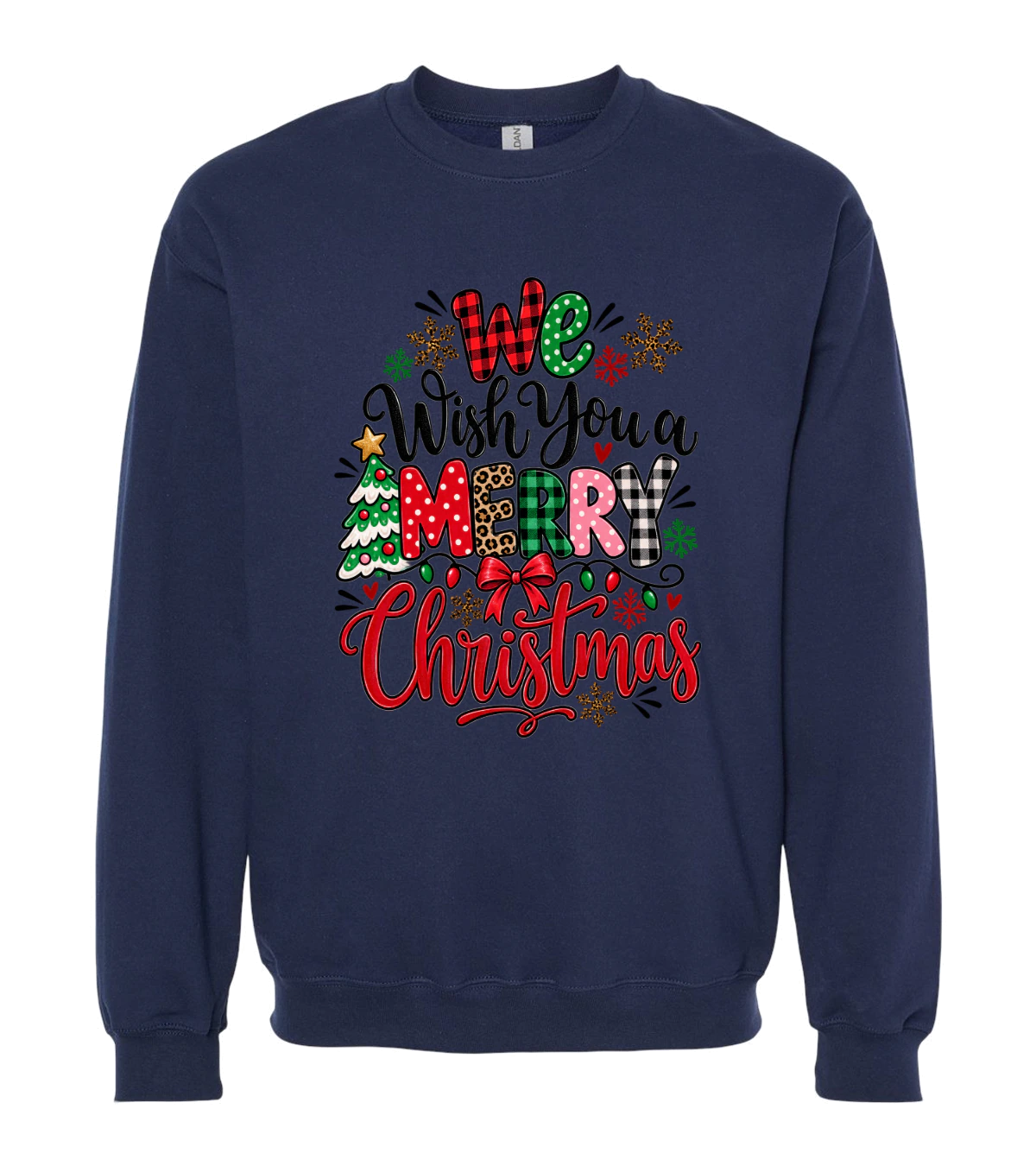 front preview of We Wish You A Merry Christmas on Navy Crewneck sweatshirt