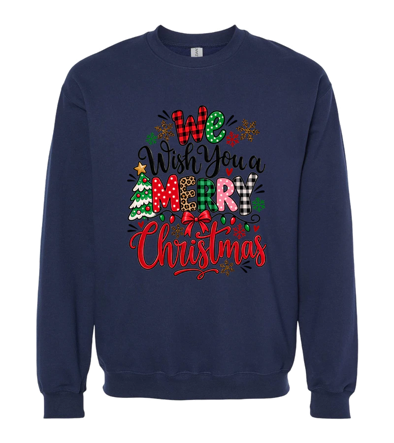 front view of We Wish You A Merry Christmas on Navy Gildan SF000 Softstyle Midweight Crewneck Sweatshirt
