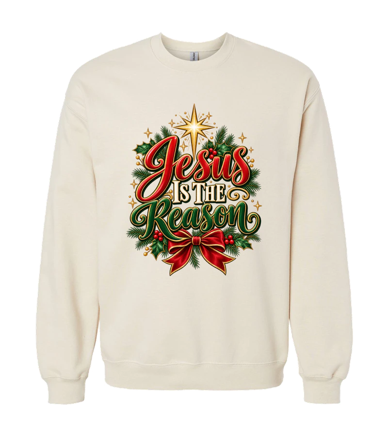 front view of Jesus Is The Reason on Sand Gildan SF000 Softstyle Midweight Crewneck Sweatshirt