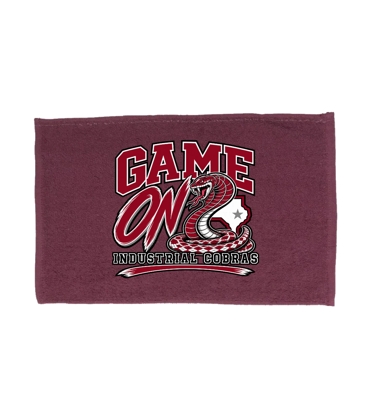 front preview of Industrial Cobras (Game On) Rally Towel on Maroon Rally towel