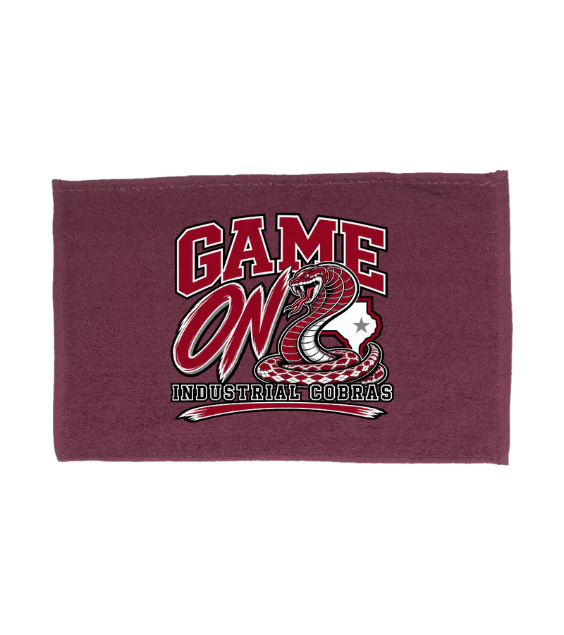 front view of Industrial Cobras (Game On) Rally Towel on Maroon Q-Tees T18J1 Budget Rally Towel