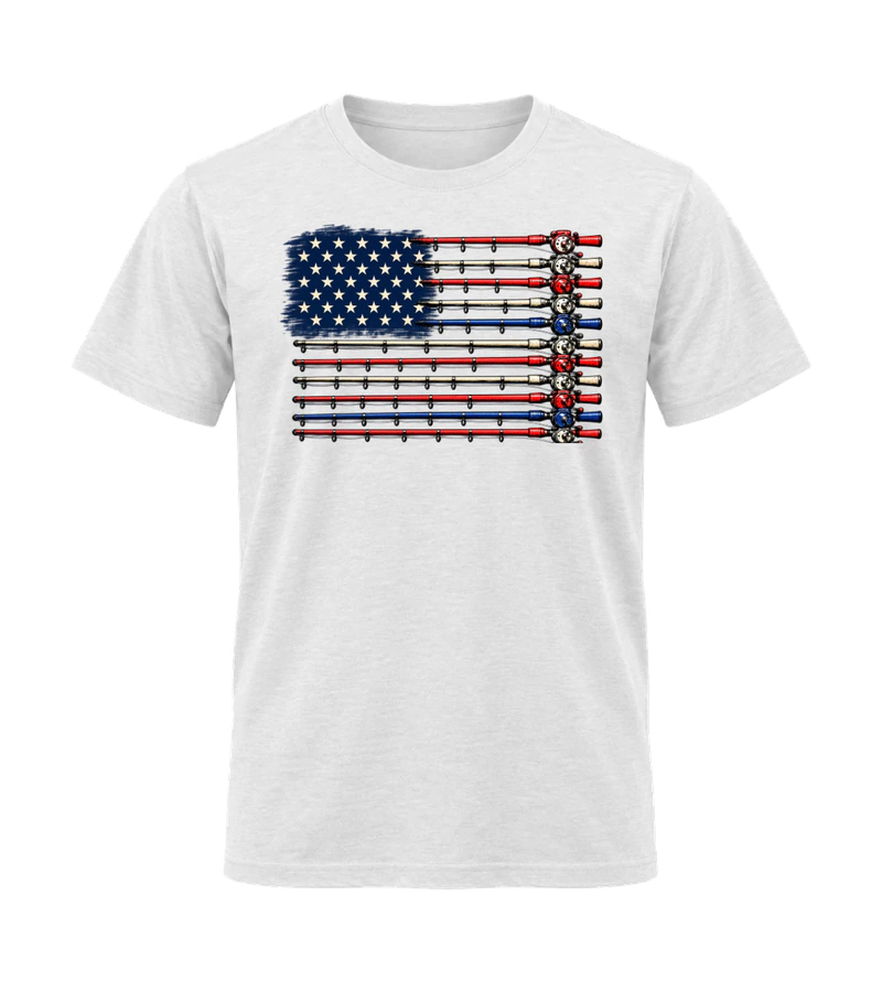 front view of Fishing Pole US Flag on White Gildan 64000 Softstyle Shirt