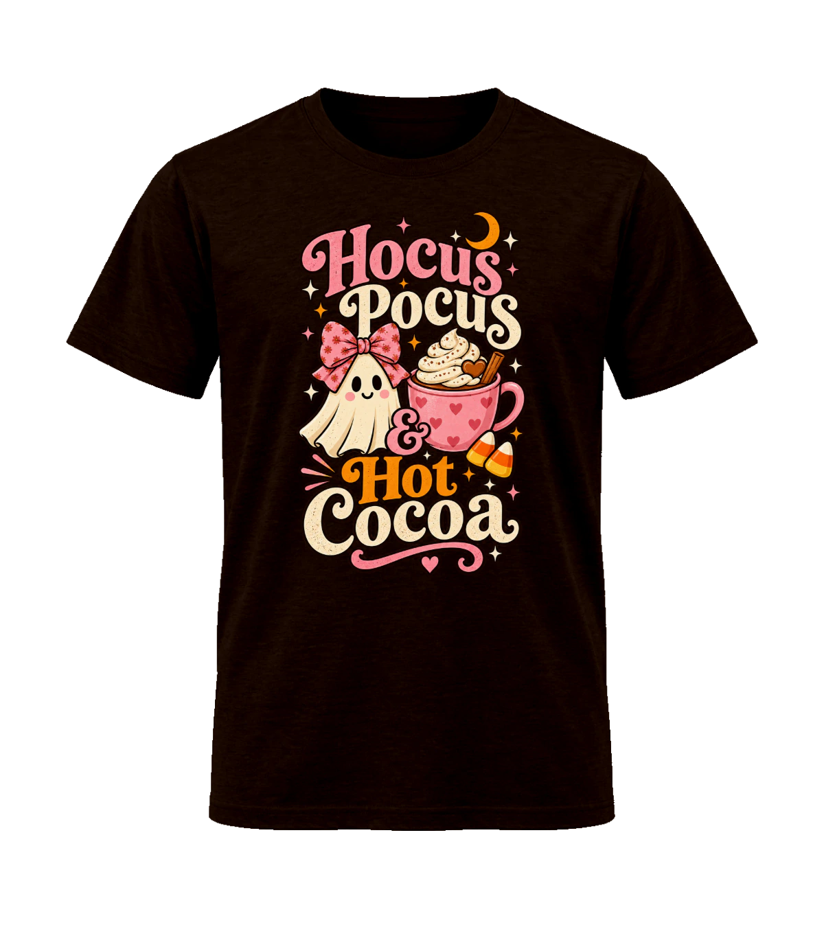 front preview of Hocus Pocus & Hot Cocoa on Dark Chocolate T-shirt