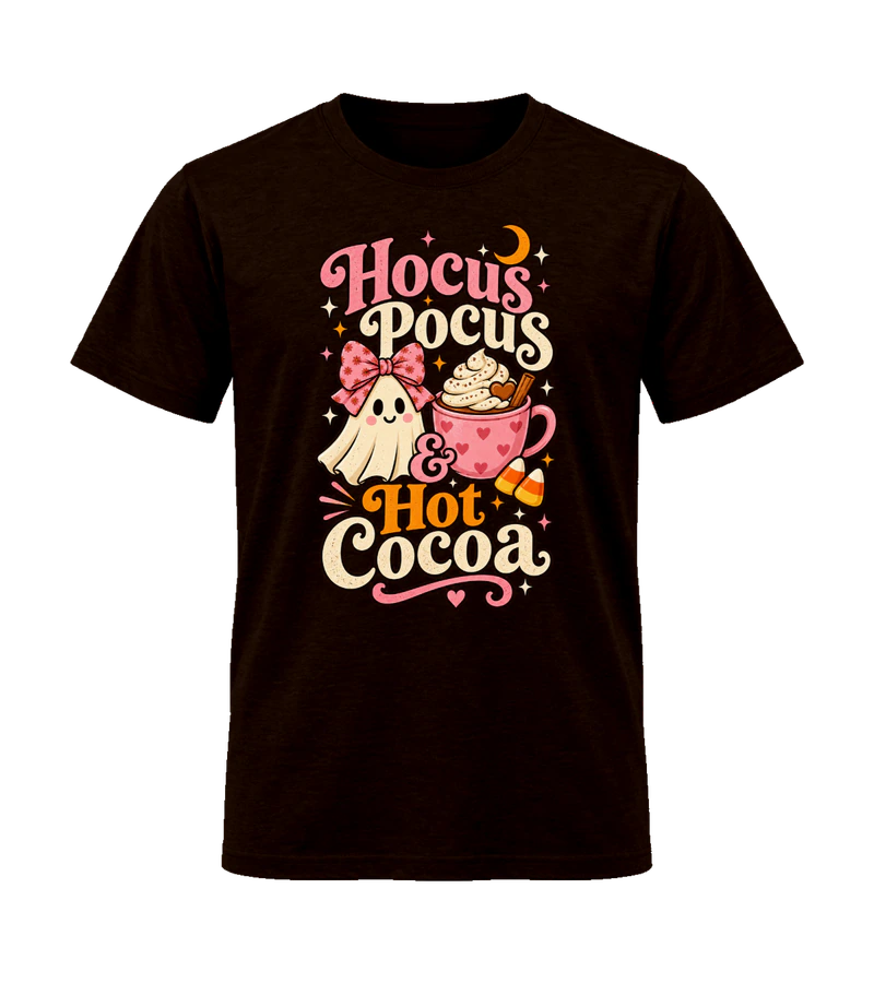front view of Hocus Pocus & Hot Cocoa on Dark Chocolate Gildan 64000 Softstyle Shirt