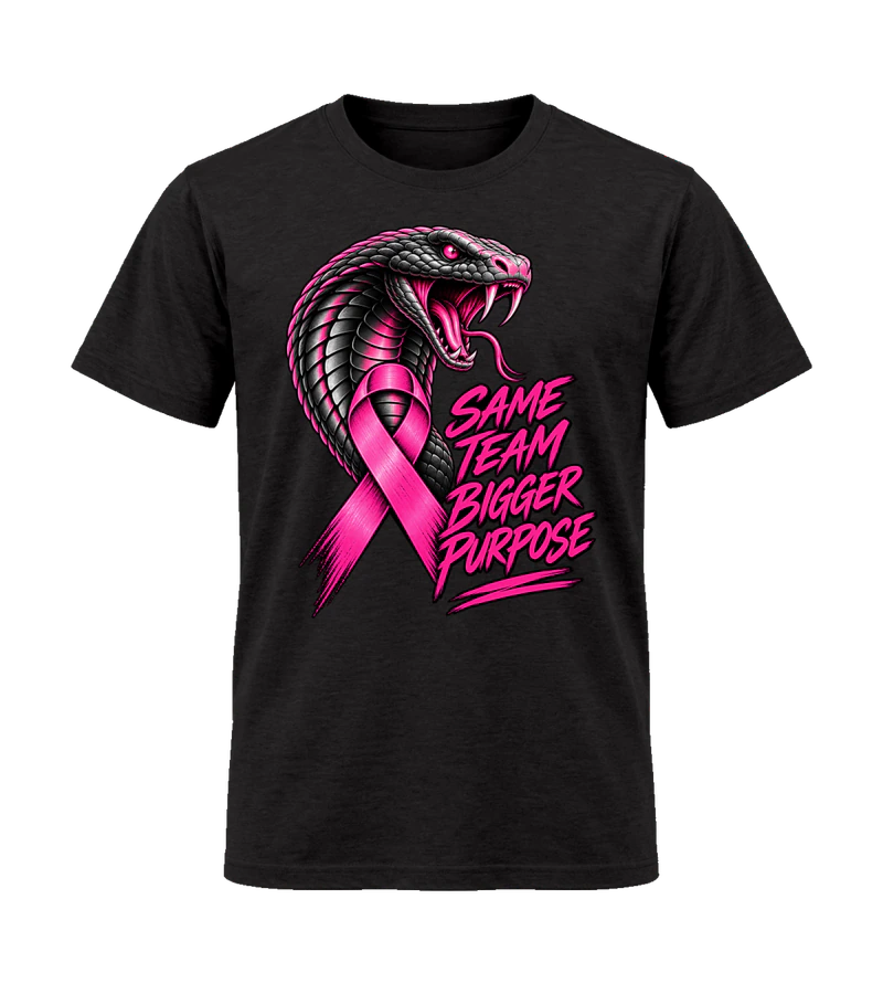 front view of Same Team Bigger Purpose on Black Gildan 64000 Softstyle Shirt