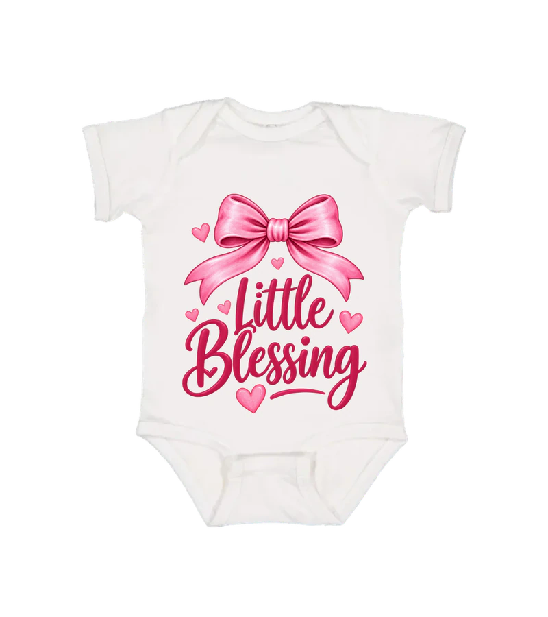 front view of Little Blessing Onesie on White Rabbit Skins 4424 Infant Fine Jersey Bodysuit