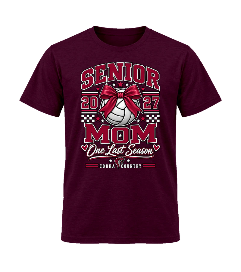 front view of Senior Mom 2027 One Last Season on Maroon Gildan 64000 Softstyle Shirt