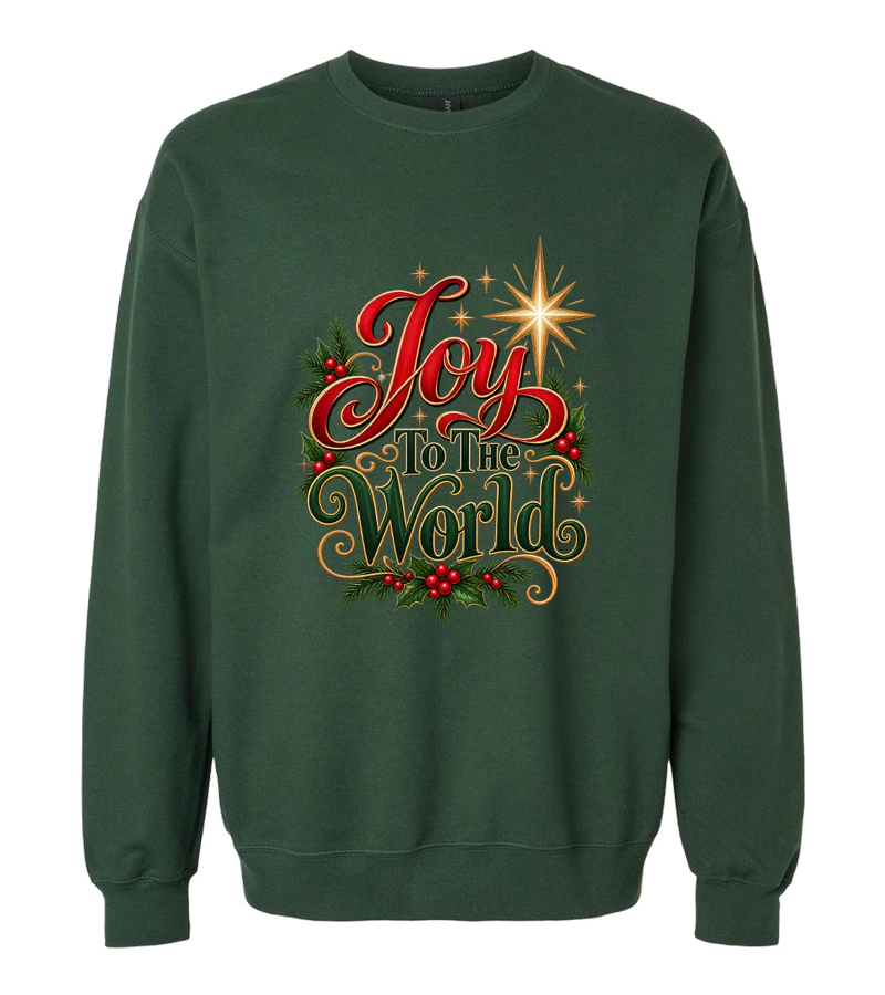 front view of Joy To The World on Forest Green Gildan SF000 Softstyle Midweight Crewneck Sweatshirt