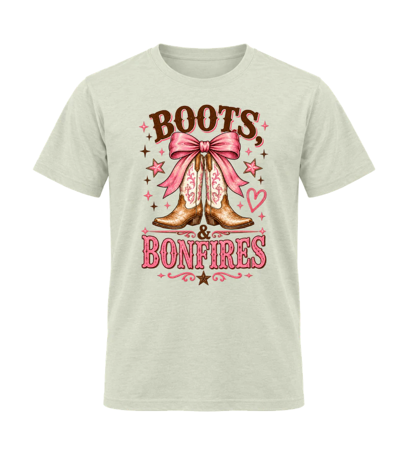 front view of Boots & Bonfires on Natural Gildan 64000 Softstyle Shirt