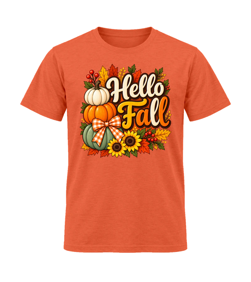 front view of Hello Fall on Orange Gildan 64000 Softstyle Shirt