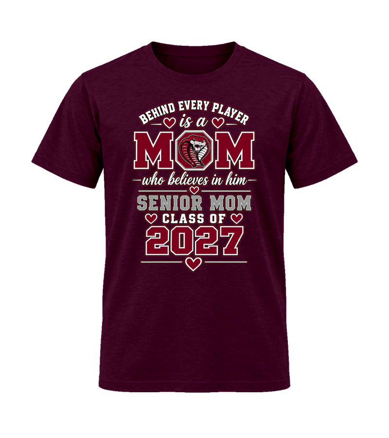 front view of Senior Football Mom on Maroon Gildan 64000 Softstyle Shirt