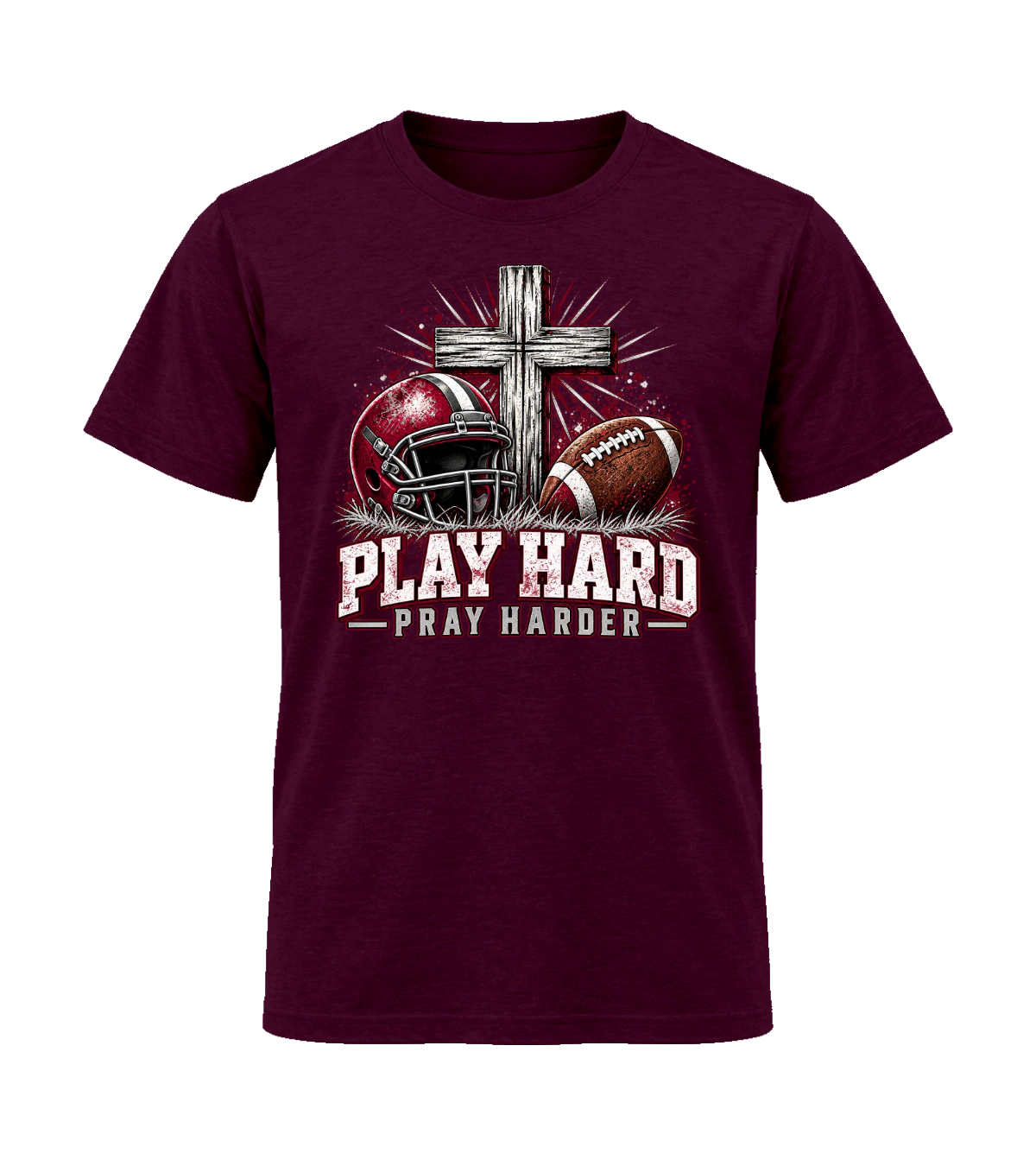 front preview of Play Hard Pray Harder on Maroon T-shirt