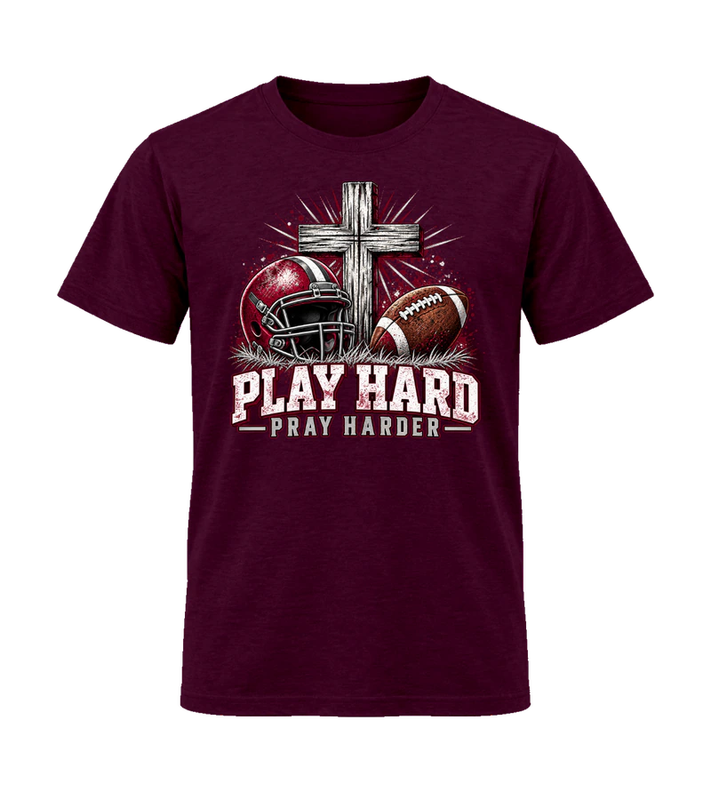 front view of Play Hard Pray Harder on Maroon Gildan 64000 Softstyle Shirt