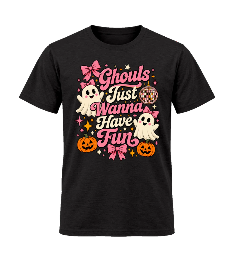 front view of Ghouls Just Wanna Have Fun on Black Gildan 64000 Softstyle Shirt