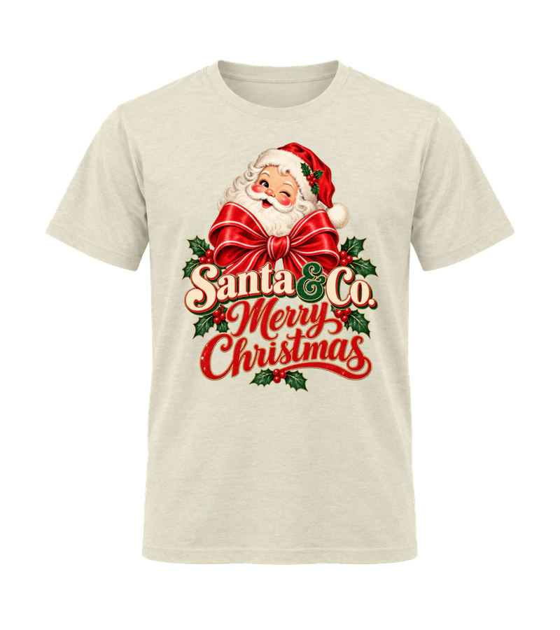 front view of Santa & Co. Merry Christmas on Off White Gildan 64000 Softstyle Shirt