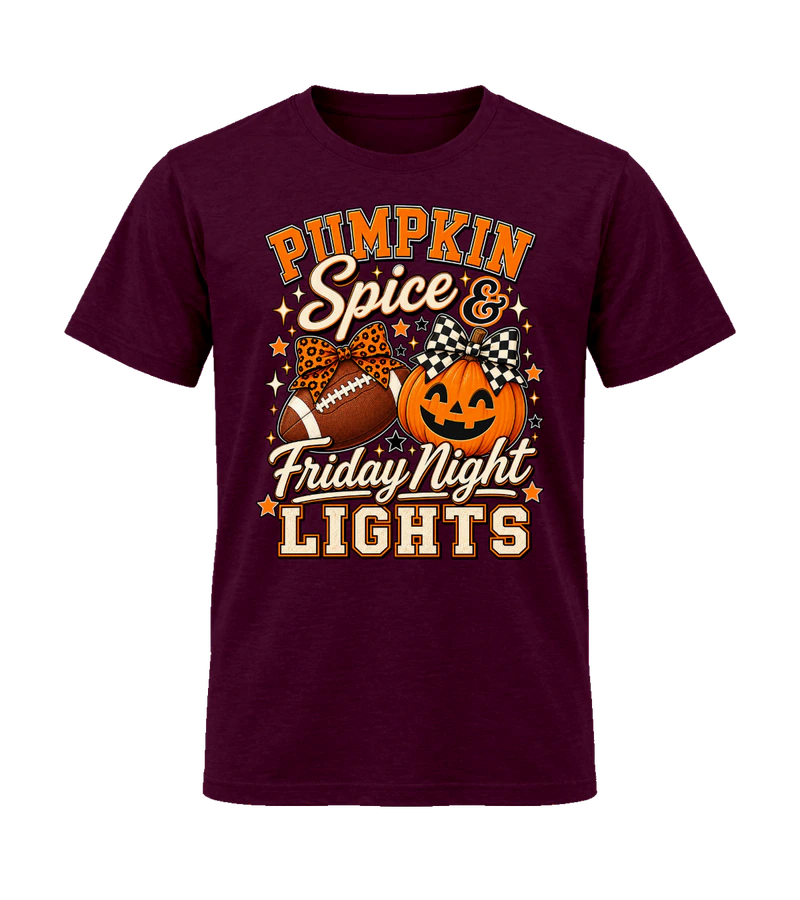 front view of Pumpkin Spice & Friday Night Lights on Maroon Gildan 64000 Softstyle Shirt