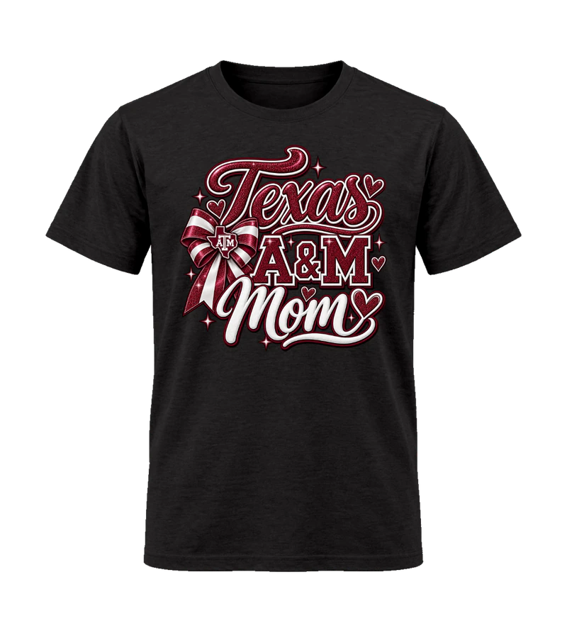front view of Texas A&M Mom on Black Gildan 64000 Softstyle Shirt