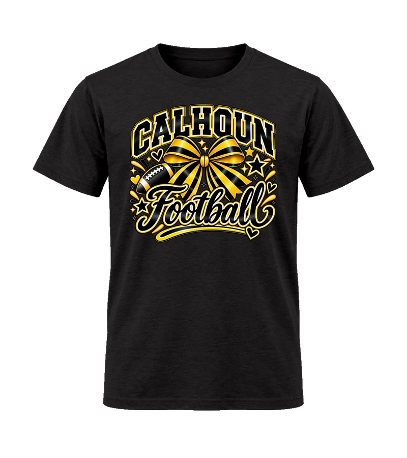 front view of Calhoun Football Ribbon on Black Gildan 64000 Softstyle Shirt