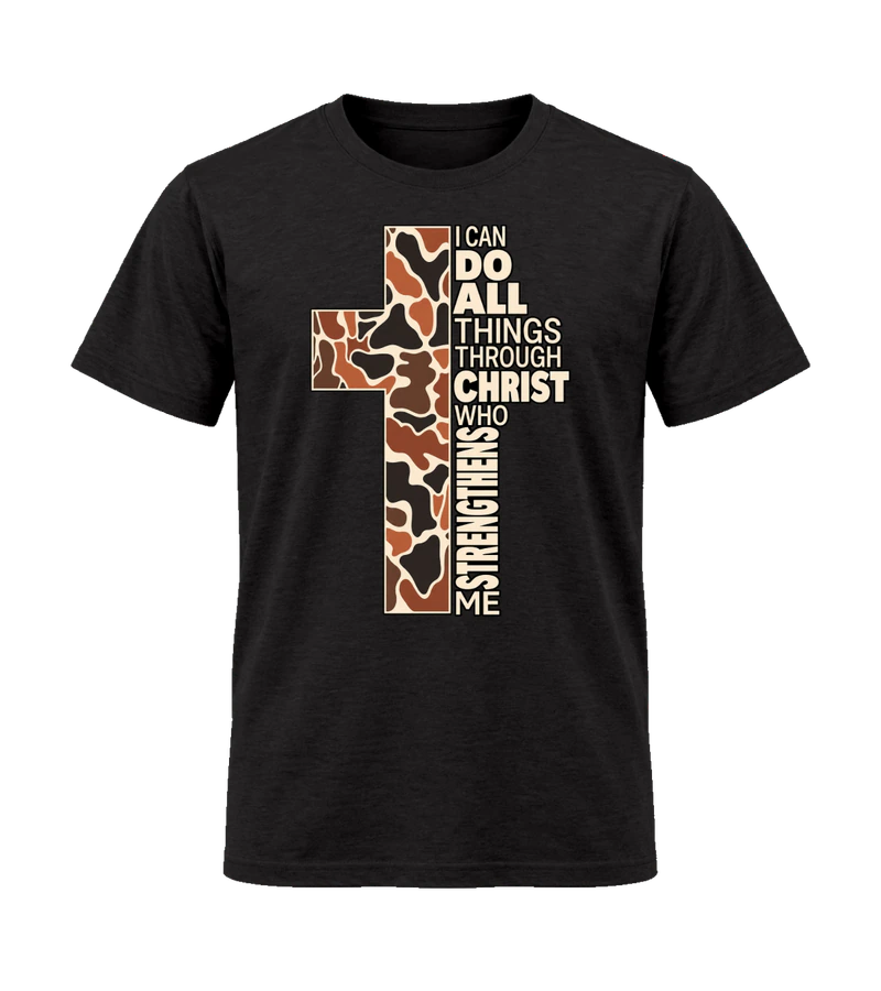 front view of I Can Do All Things Through Christ Who Strengthens Me on Black Gildan 64000 Softstyle Shirt