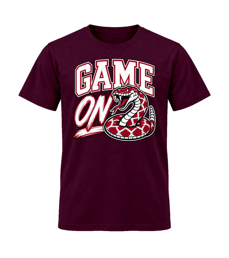 front view of Game On on Maroon Gildan 64000 Softstyle Shirt