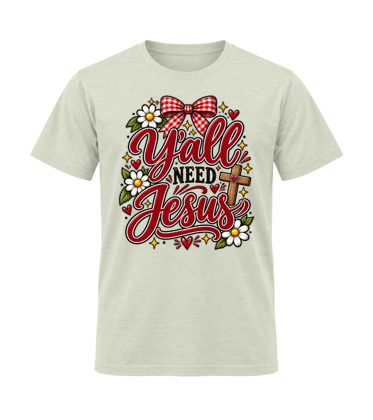 front preview of Y'all Need Jesus on Natural T-shirt