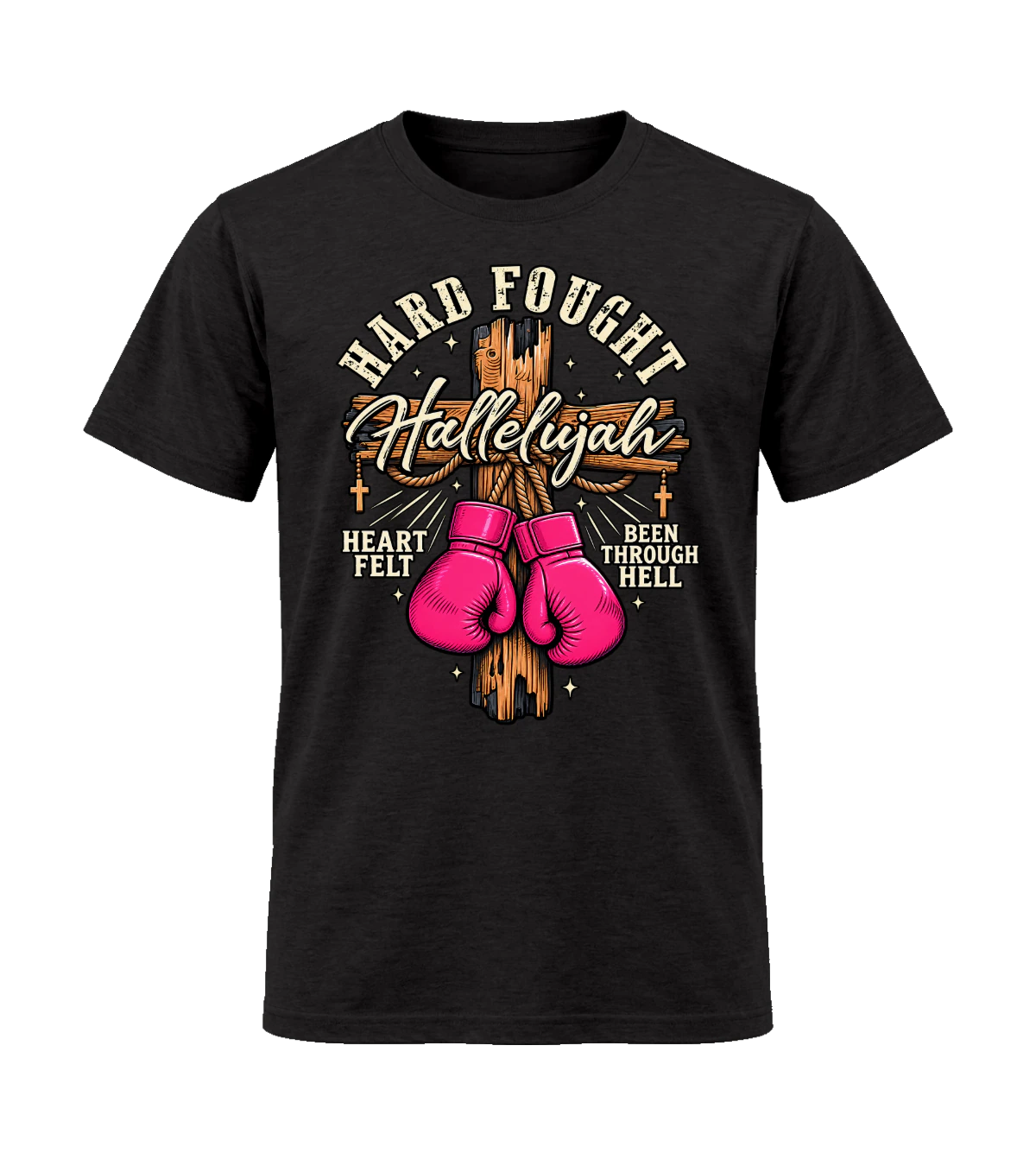 front preview of Hard Fought Hallelujah on Black T-shirt