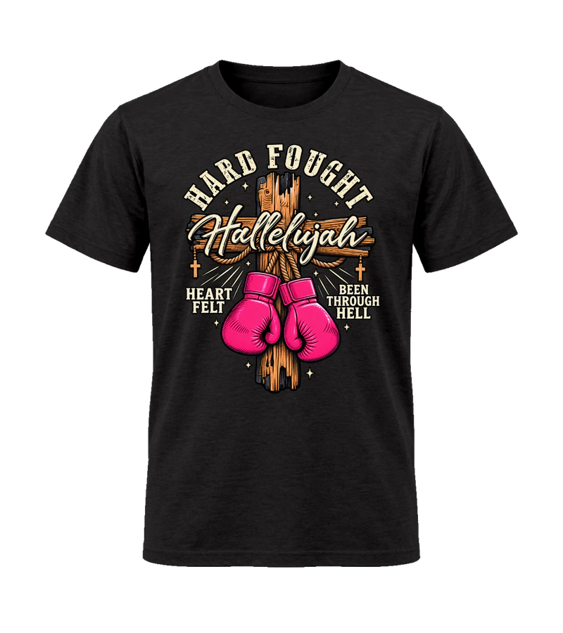 front view of Hard Fought Hallelujah on Black Gildan 64000 Softstyle Shirt