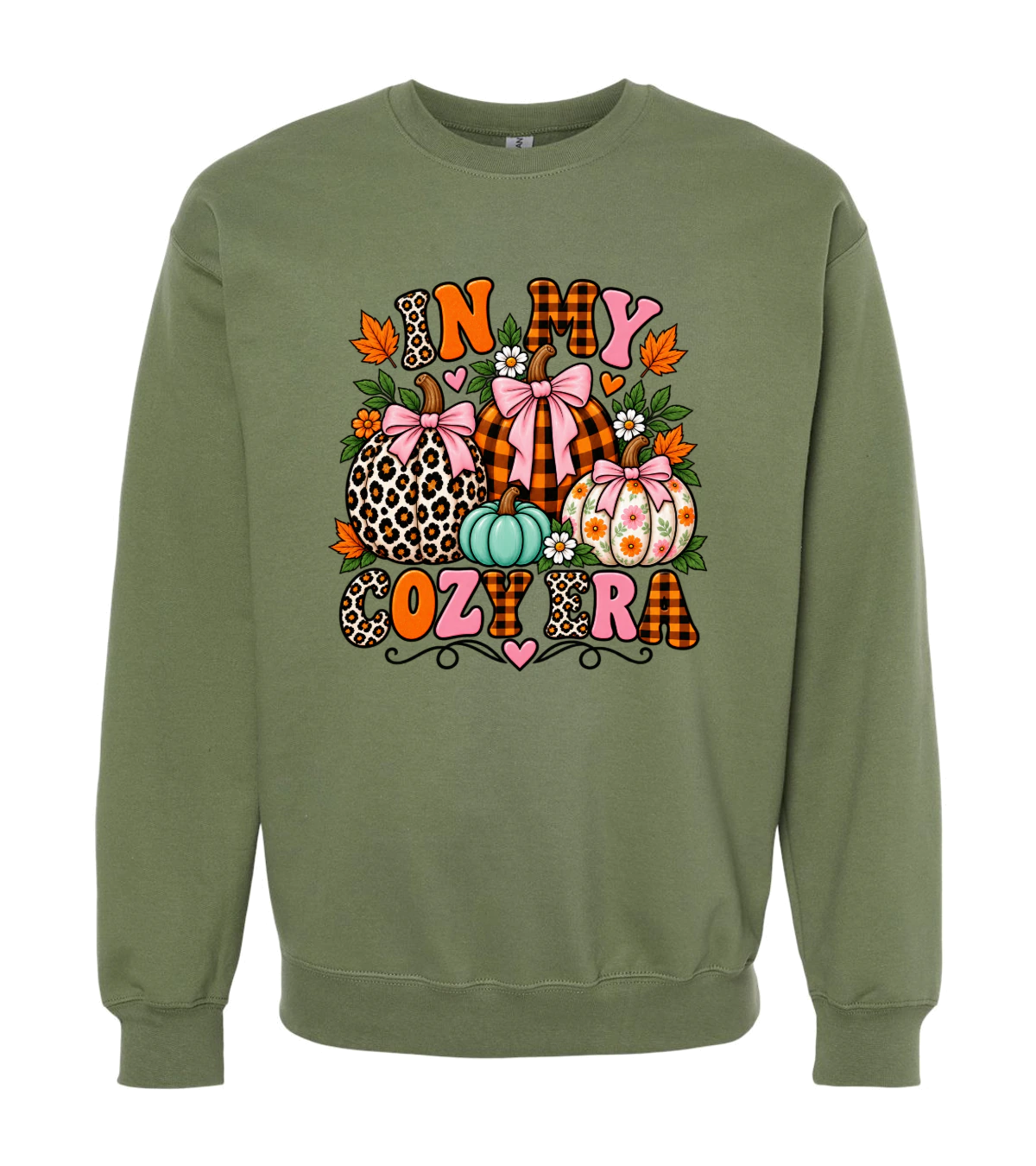 front preview of In My Cozy Era on Military Green Crewneck sweatshirt