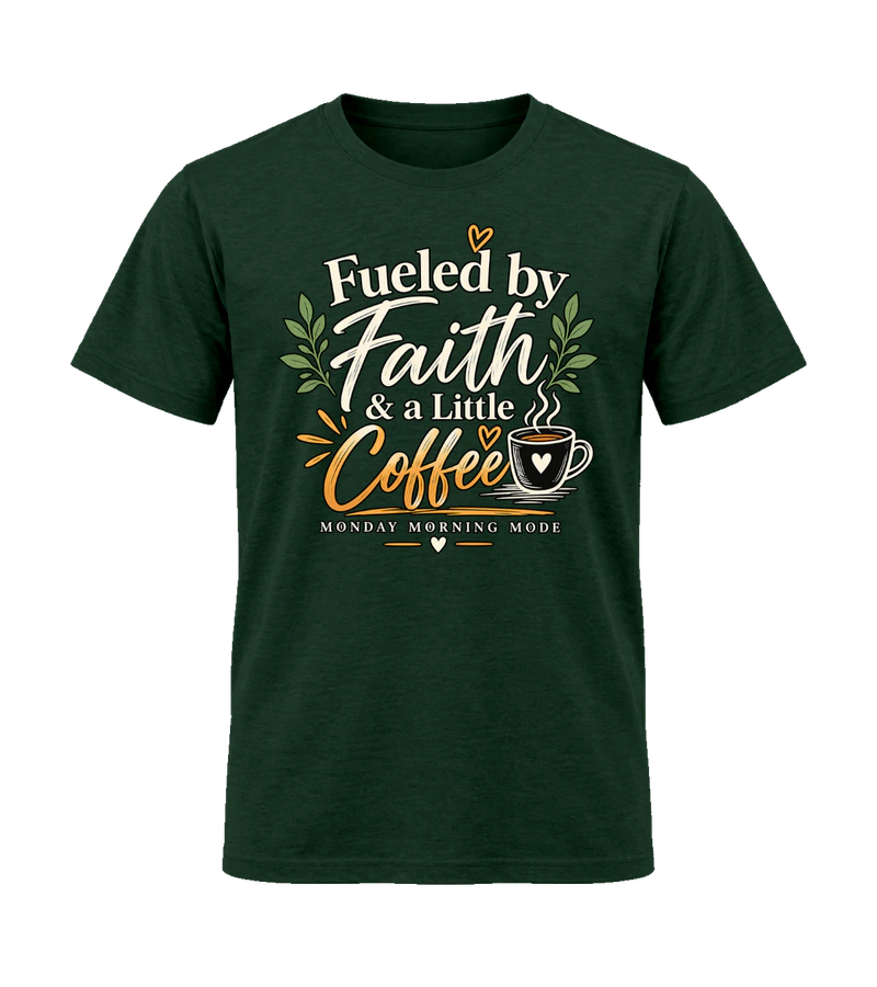 front view of Fueled By Faith And A Little Coffee on Fan Dark Green Gildan 64000 Softstyle Shirt