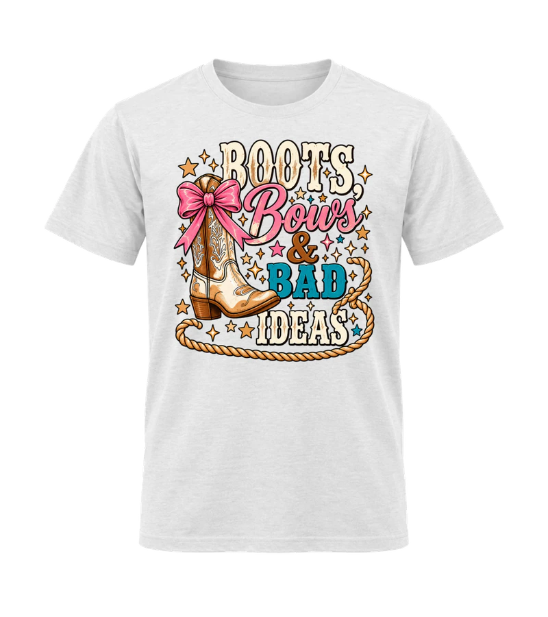front view of Boots & Bows on White Gildan 64000 Softstyle Shirt
