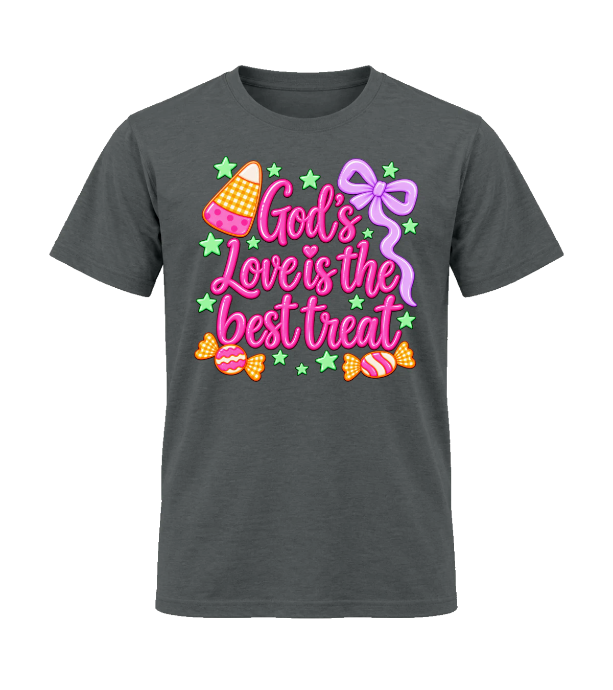 front preview of God's Love Is The Best Treat on Charcoal T-shirt