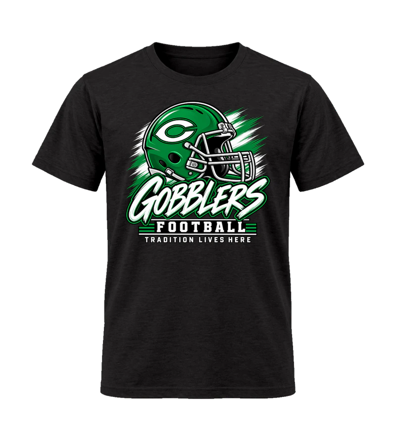 front view of Gobblers Football on Black Gildan 64000 Softstyle Shirt