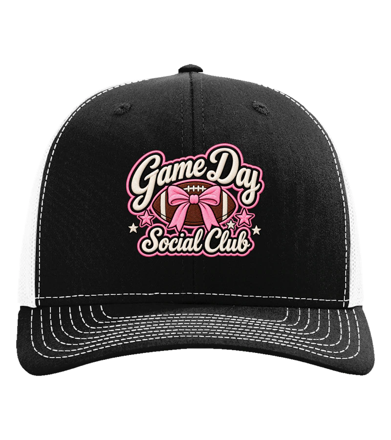 front view of Game Day Social Club on Black / White Richardson 112 Trucker Hat